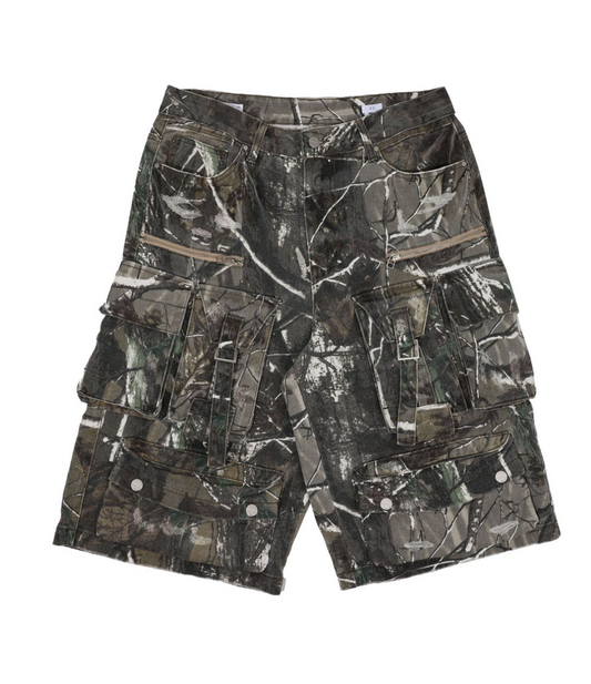 Washed Multi Cargo Denim Jorts - Camo