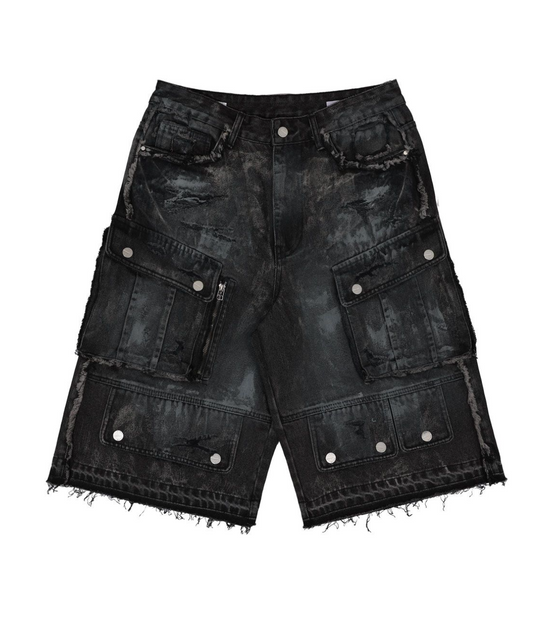 Washed Multi Cargo Denim Jorts - Grey