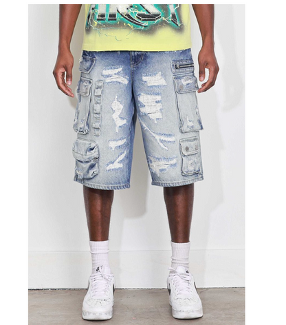 Washed Multi Cargo Denim Jorts - Light Blue