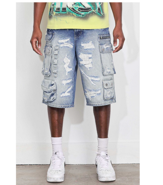 Washed Multi Cargo Denim Jorts - Light Blue