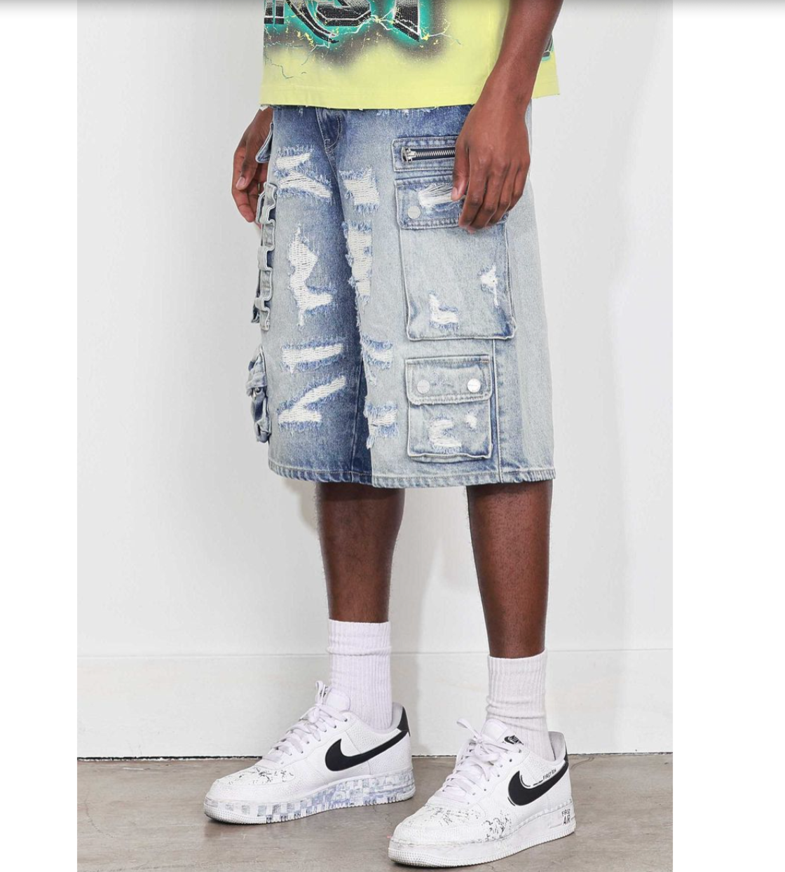 Washed Multi Cargo Denim Jorts - Light Blue