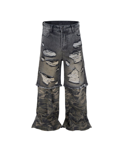 Distressed Split Camo Denim Jeans - Black/Camo
