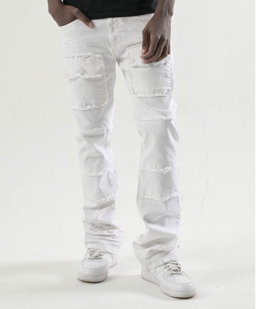 Stretch Stacked Pants with Frayed Pockets - White