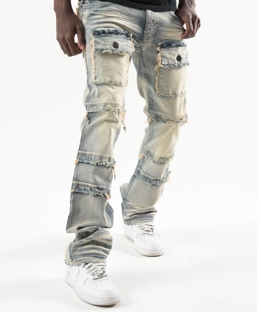 Stretch Stacked Pants with Frayed Pockets - Medium Wash