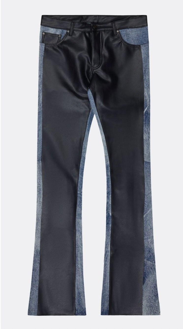 "Nation" Leather Stacked Denim Pants - Black