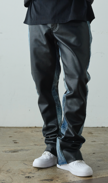 "Nation" Leather Stacked Denim Pants - Black
