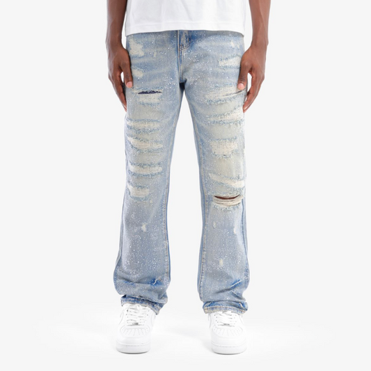 Full Rhinestone Denim Pants - Light Wash