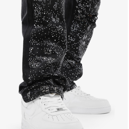 Full Rhinestone Denim Pants - Black