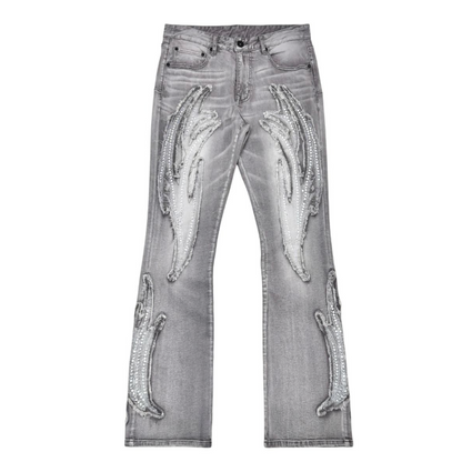Rip & Repair Stacked Denim w/ Rhinestone Backing - Grey