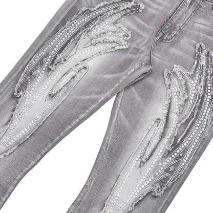 Rip & Repair Stacked Denim w/ Rhinestone Backing - Grey