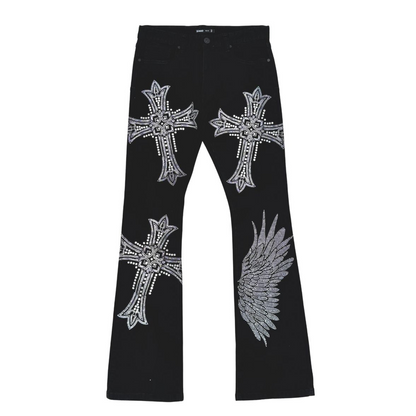 Large Crystal Rhinestone Stacked Denim Jeans - Black