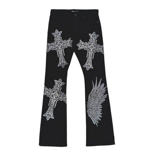 Large Crystal Rhinestone Stacked Denim Jeans - Black