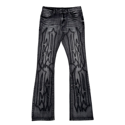 Embroidery + Studded Stacked Denim Jeans - Black