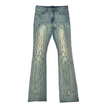 Embroidery + Studded Stacked Denim Jeans - Medium Wash