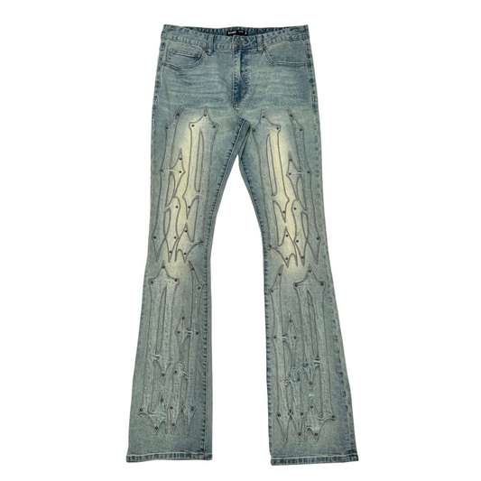 Embroidery + Studded Stacked Denim Jeans - Medium Wash