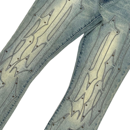 Embroidery + Studded Stacked Denim Jeans - Medium Wash
