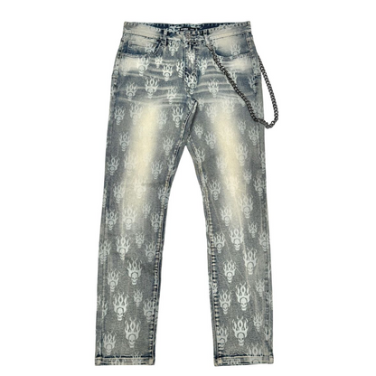 Laser Skull Print Slim Fit Denim w/ Chain