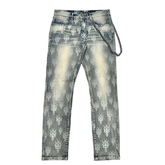 Laser Skull Print Slim Fit Denim w/ Chain