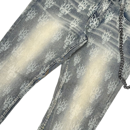 Laser Skull Print Slim Fit Denim w/ Chain