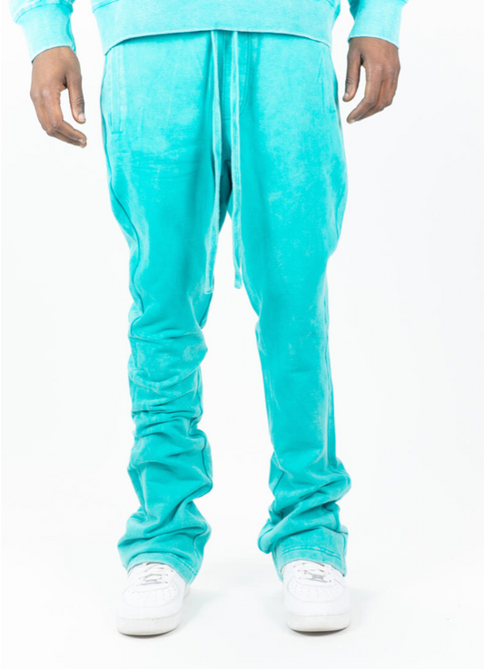 Acid Washed Fleece Stacked Pants - Turquoise