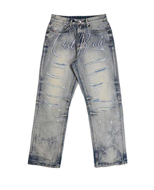 Rhinestone Denim Ripped Jeans - Light Wash