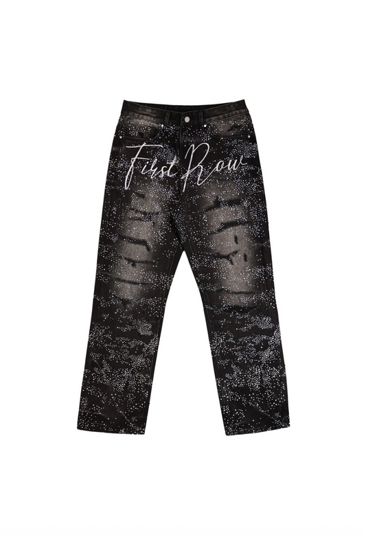 Rhinestone Denim Ripped Jeans - Black