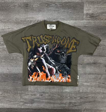Trust No One F-Terry Cropped Tee - Olive