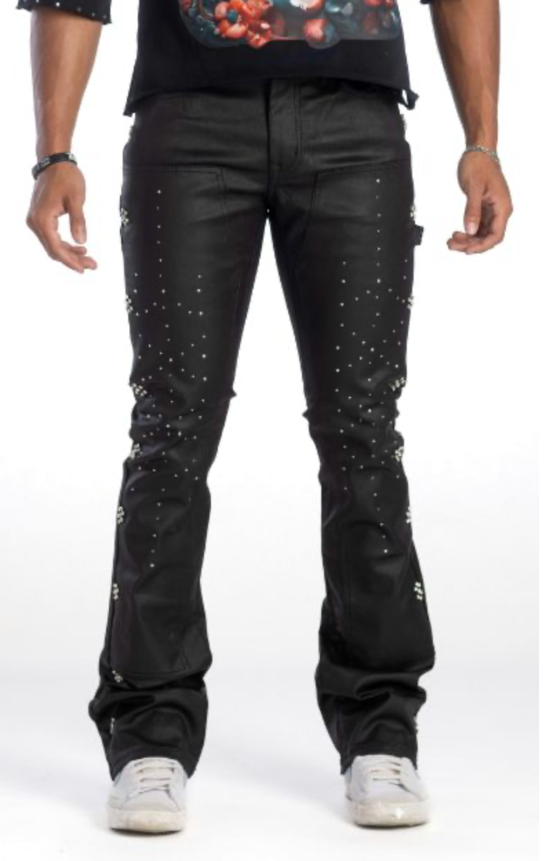 Coated Stacked Rhinestone Jeans - Black