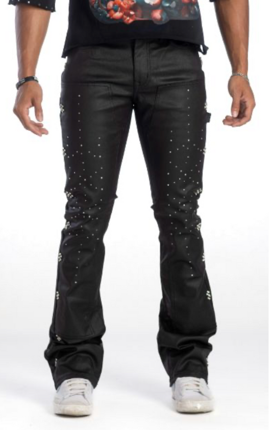 Coated Stacked Rhinestone Jeans - Black