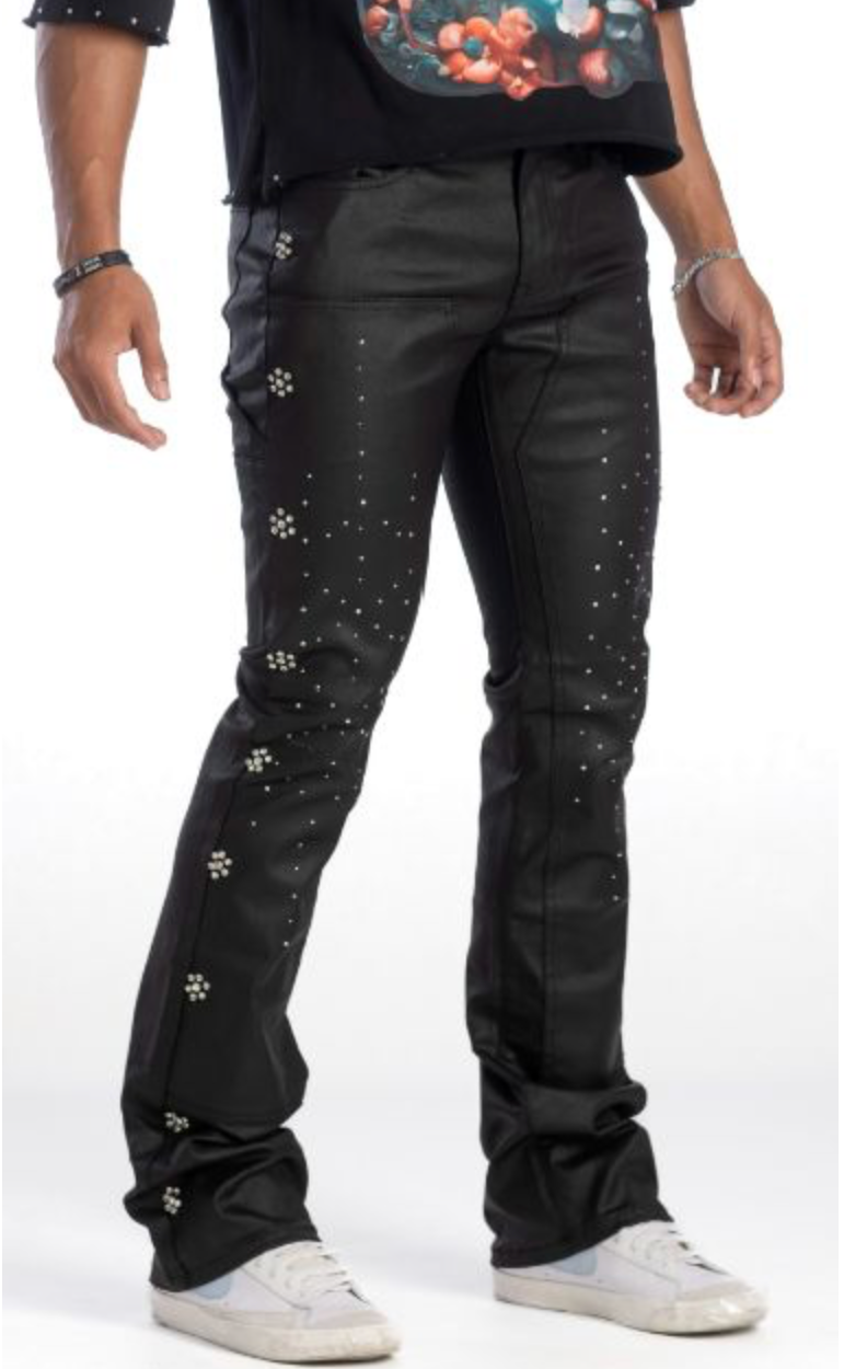 Coated Stacked Rhinestone Jeans - Black