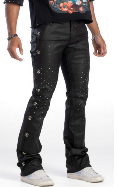 Coated Stacked Rhinestone Jeans - Black