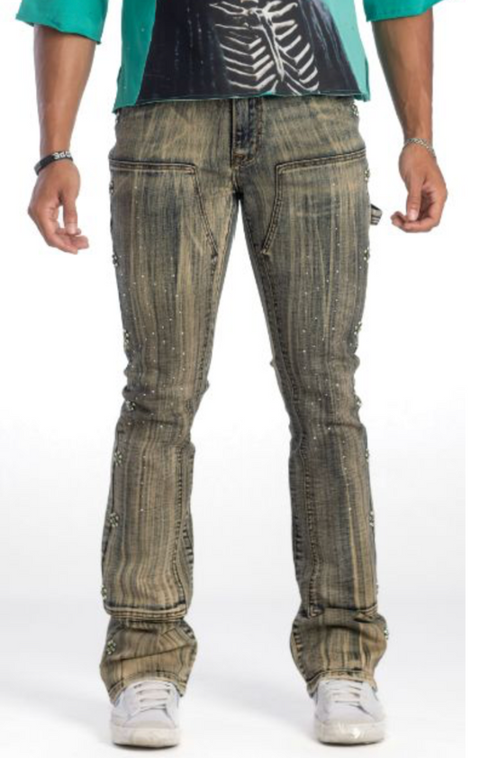 Coated Stacked Rhinestone Jeans - Med Blue
