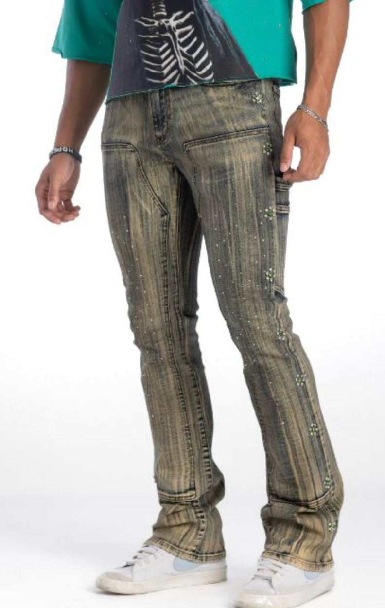 Coated Stacked Rhinestone Jeans - Med Blue