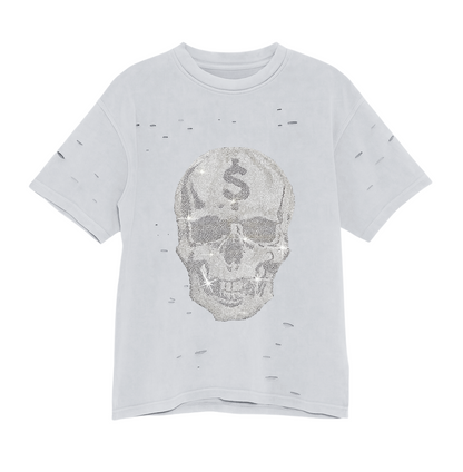 Rhinestone Skull Graphic Tee - Light Gray