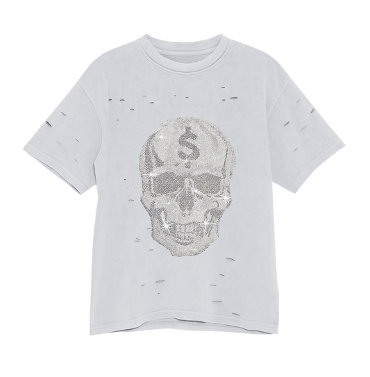 Rhinestone Skull Graphic Tee - Light Gray