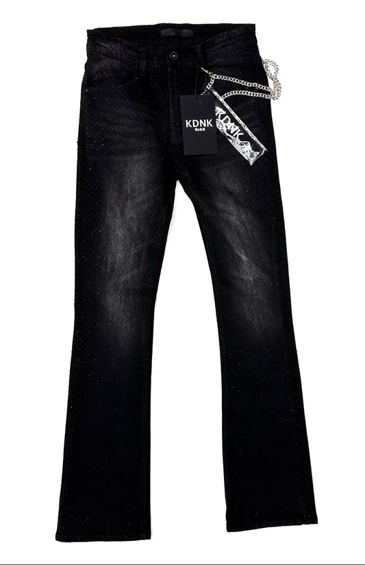 Rhinestone Skinny Flare Jeans - Black Acid Wash