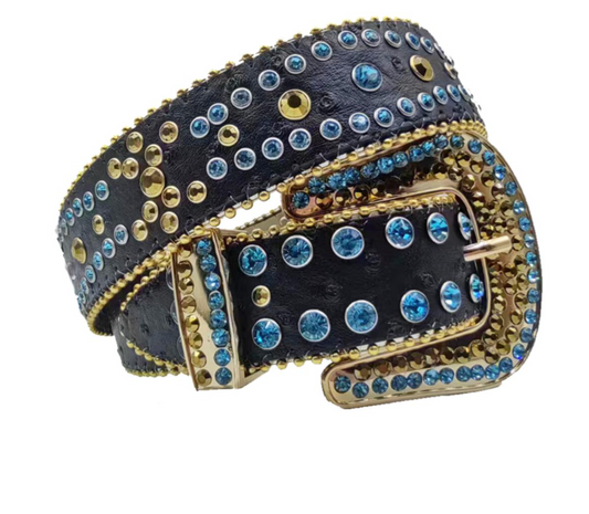 Rhinestone Belt - Black/Gold/Blue