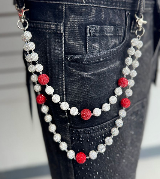 Rhinestone Wallet Chain - Silver/Red