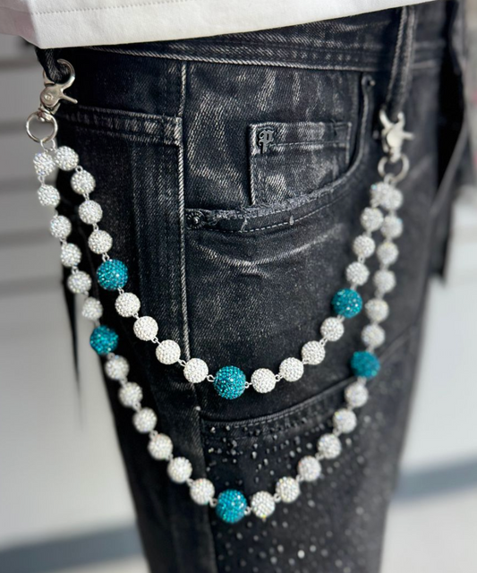 Rhinestone Wallet Chain - Silver/Teal