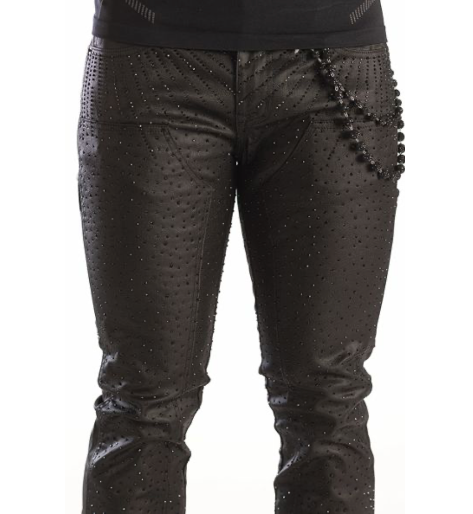 Rhinestone Carpenter Coated Pants - Black