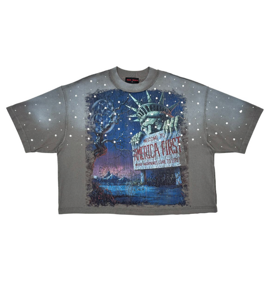 Washed Heavy Cropped Tee w Rhinestones - Grey