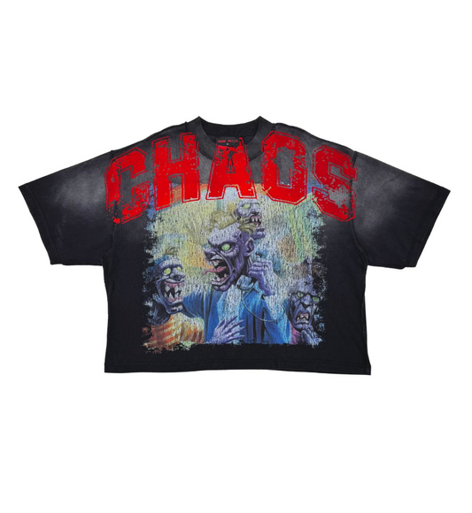Washed Heavy Cropped Tee w Flocking - Black