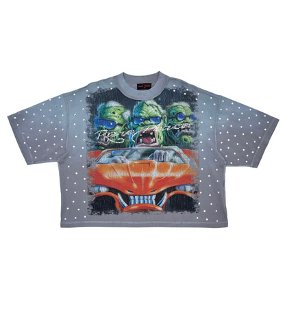 Washed Heavy Cropped Tee w Rhinestones - Toned Grey