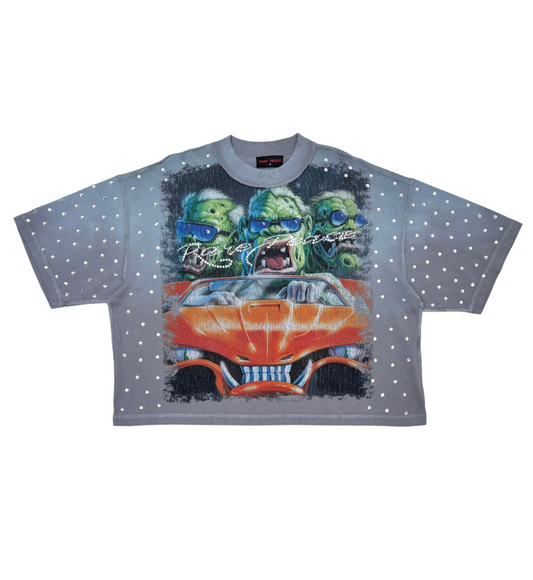 Washed Heavy Cropped Tee w Rhinestones - Toned Grey