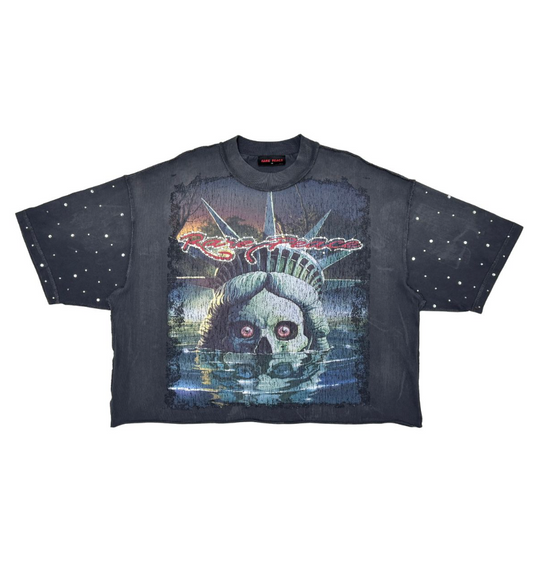 Washed Heavy Tee w Rhinestones on Sleeves - Dark Grey
