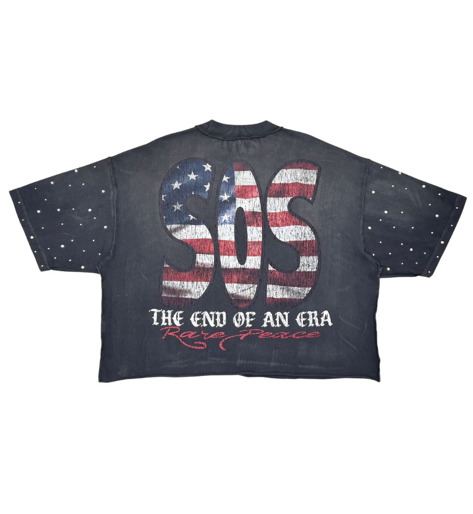 Washed Heavy Tee w Rhinestones on Sleeves - Dark Grey