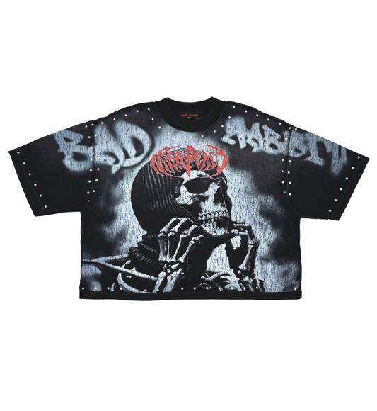 Washed Heavy Tee w Rhinestone Detail - Black