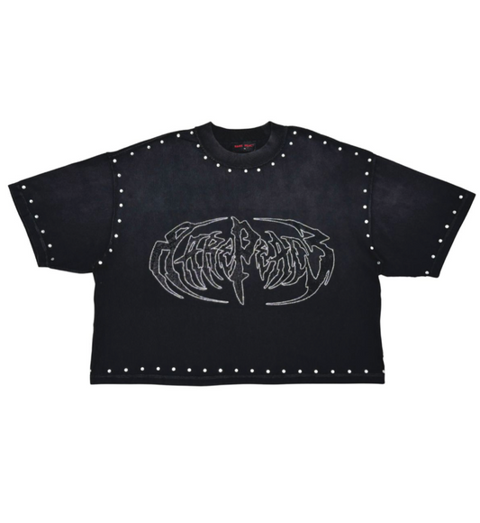 Washed Heavy Cropped Tee w Rhinestones - Black
