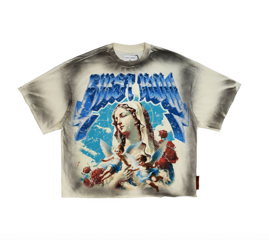 First Row -Rhinestone Angels Stone Cropped Fitted Tee - Cream