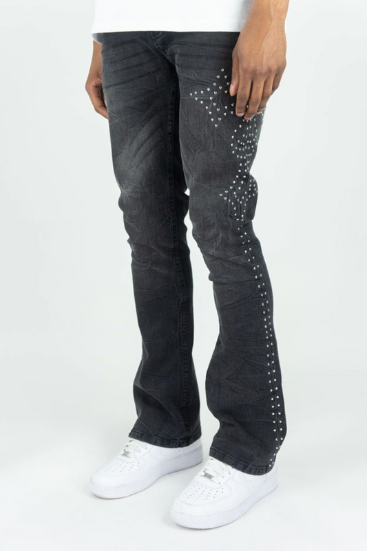 Cross Rhinestone Stacked Jeans - Black